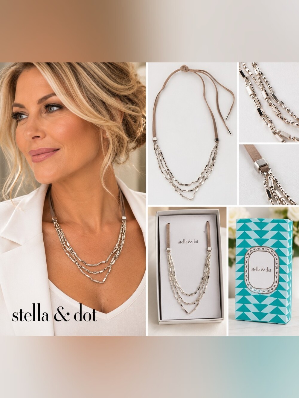 Stella & Dot Silver Chain Necklace with Taupe Ribbon